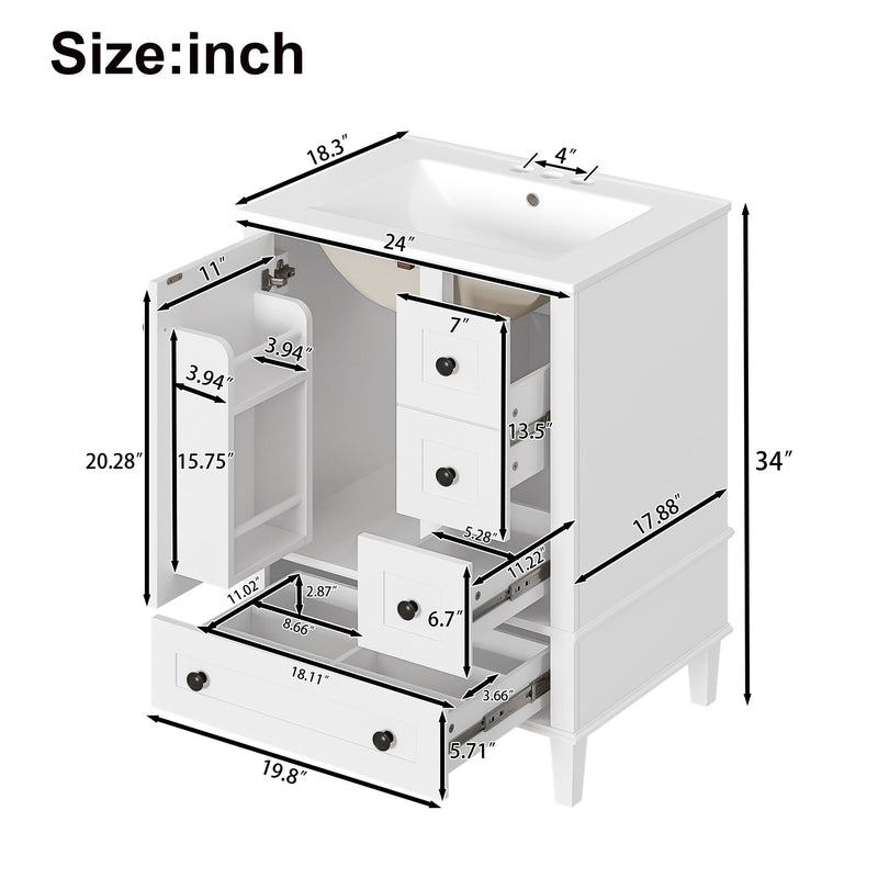 Bathroom Vanity With Integrated Basin, Soft Close Drawers, Door Mounted Double Layer Shelf