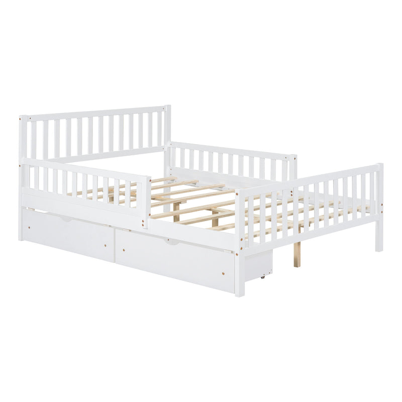 Platform Bed With Guardrails On Both Sides And 2 Storage Drawers