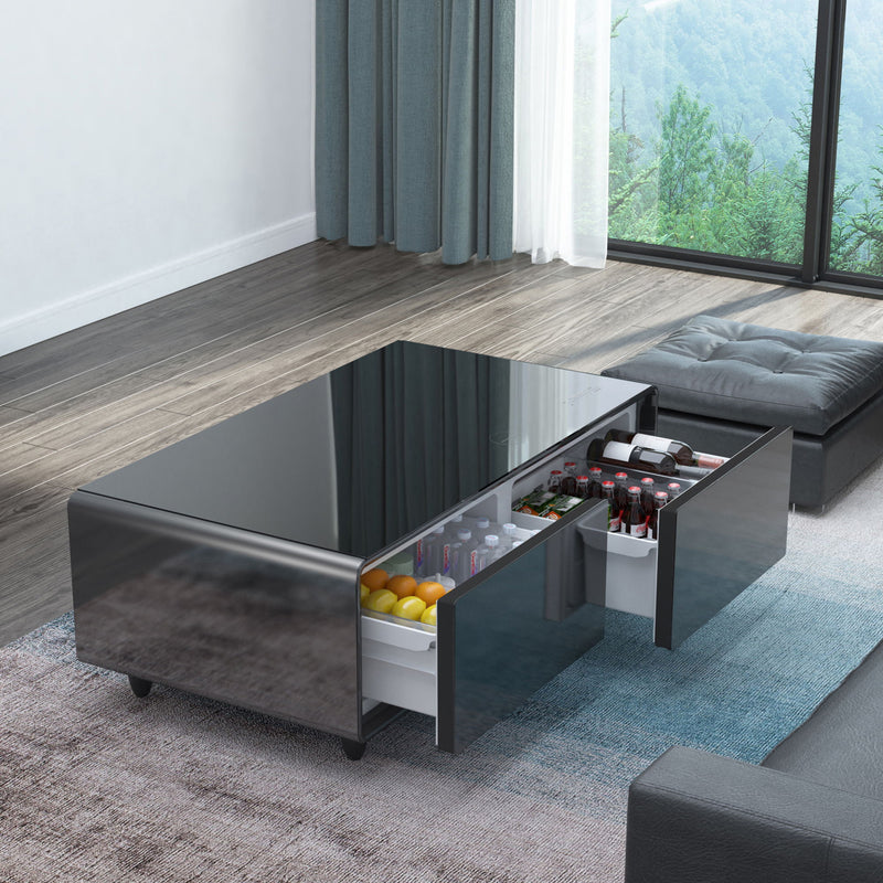 Modern Smart Coffee Table With Built-In Fridge, tooth Speaker, Wireless Charging Module, Touch Control Panel, Power Socket, USB Interface, Outlet Protection, Atmosphere Light