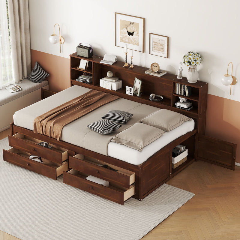 Full Size Captain Bed With Built In Storage Shelves, 4 Drawers And 2 Cabinets - Antique Brown