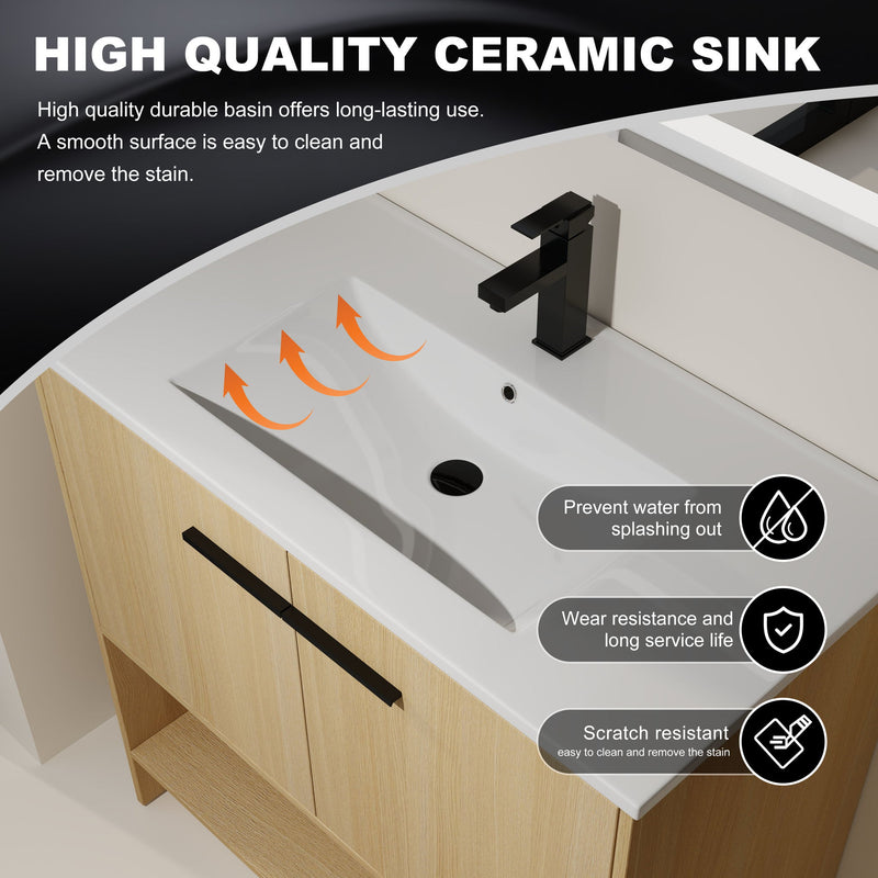 Modern Bathroom Vanity With Ceramic Sink, Freestanding Cabinet, Soft Closing Doors
