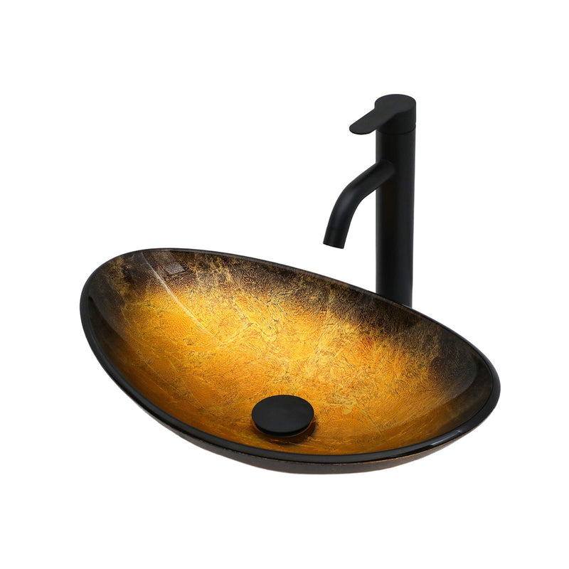 Veined Vessel Sink With Pop Up Drain, Boat Shape Bathroom Sink Above Counter - Gold