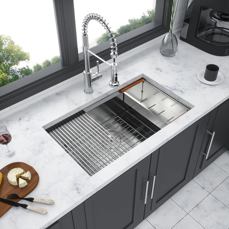 30" Undermount Kitchen Sink 16 Gauge Ledge Workstation - Brushed Nickel