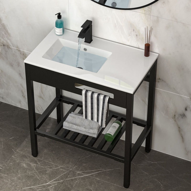 Console Sink With Legs, 32" X 18.5", Durable Porcela With Support - White / Black