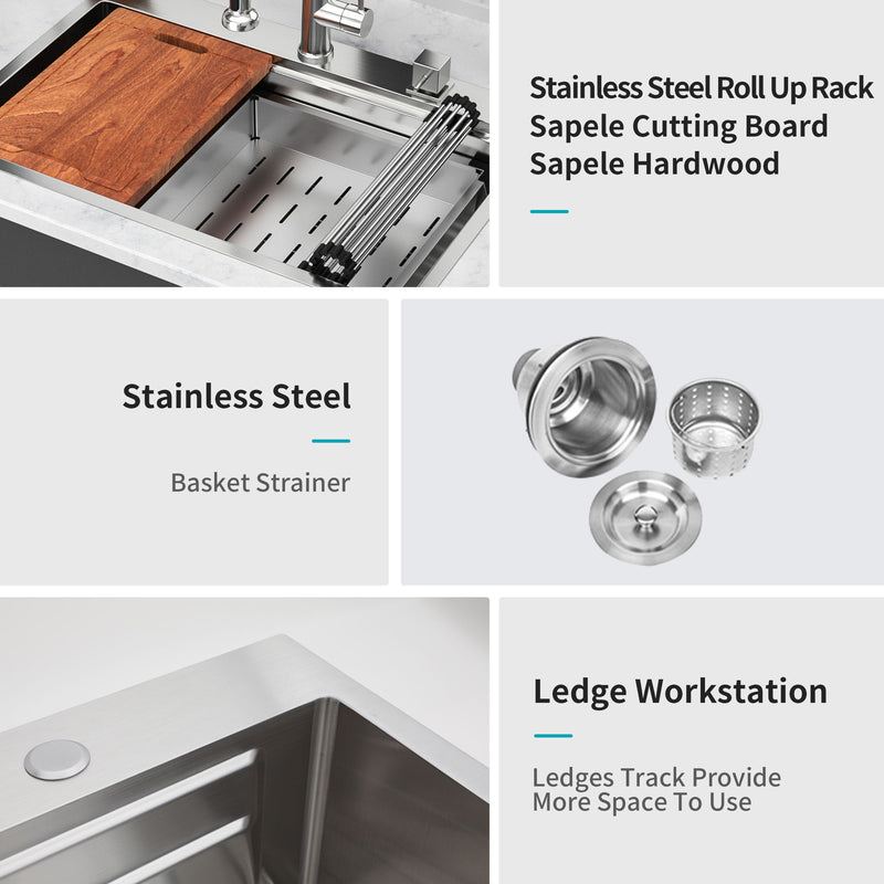33" Drop In Kitchen Sink Single Bowl 16 Gauge Stainless Steel Ledge Workstation - Brushed Nickel