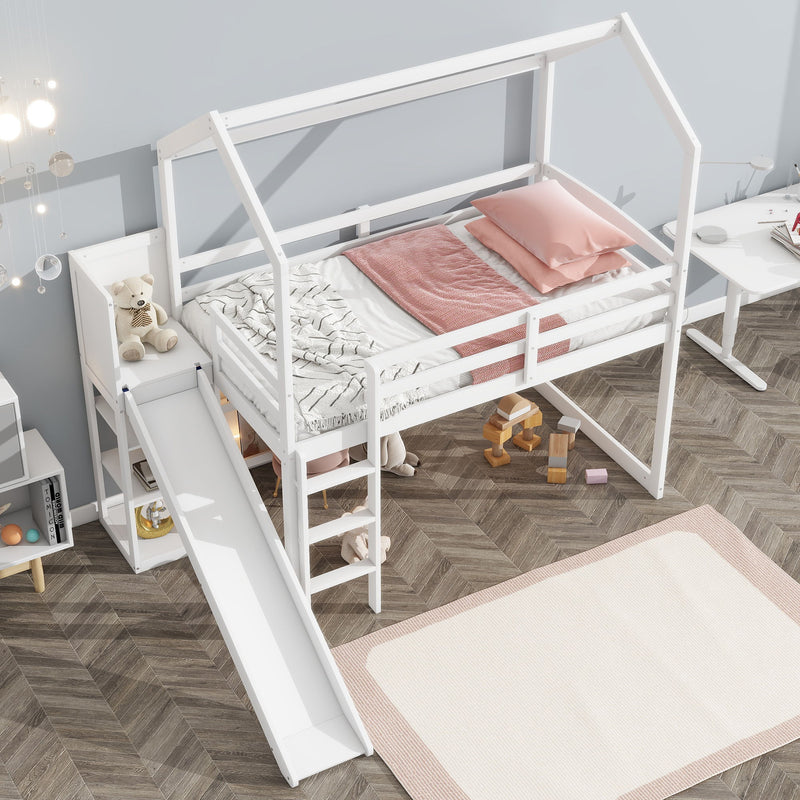 House Loft Bed With Slide, Storage Shelves And Light, Climbing Ramp