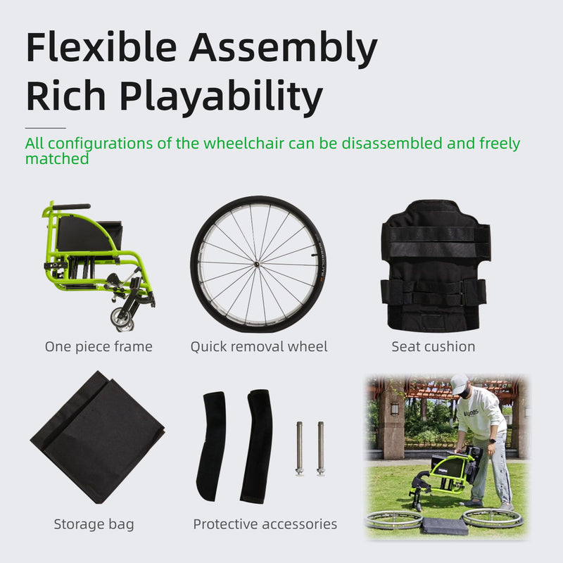 Premium Lightweight Foldable Sport Wheelchair All Body Sturdy & Comfortable 250Lbs Capacity Easy Folding 24" Sports Tires Perfect For Outdoor - Black / Green