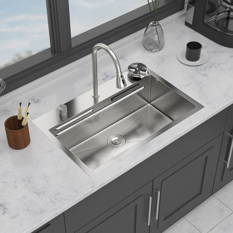 Drop In Waterfall Kitchen Sink With Pull Out Faucet & Cup Washer