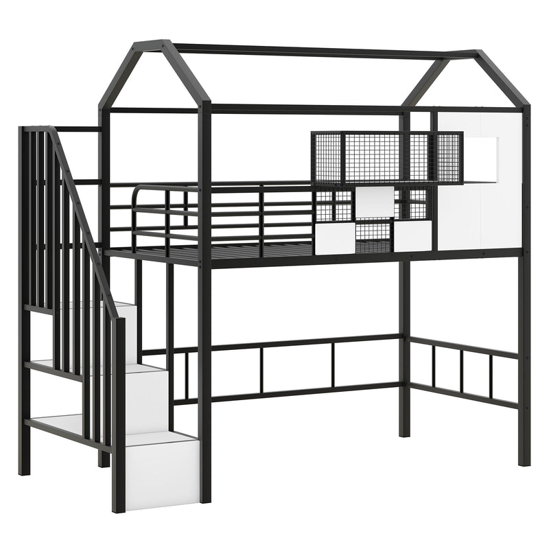 Metal Loft Bed With Roof Design And Storage Box With Guardrails And Integrated Ladder