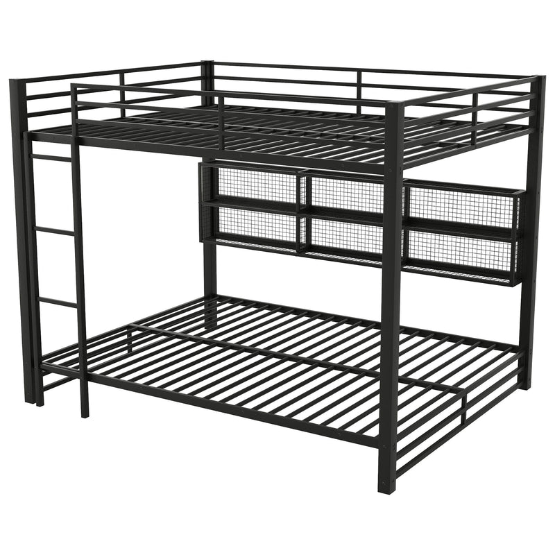 Queen Over Queen Bunk Bed With Storage Cabinets And LED Sturdy Frame, 6 Storage Units, Adjustable LED Lights - Black