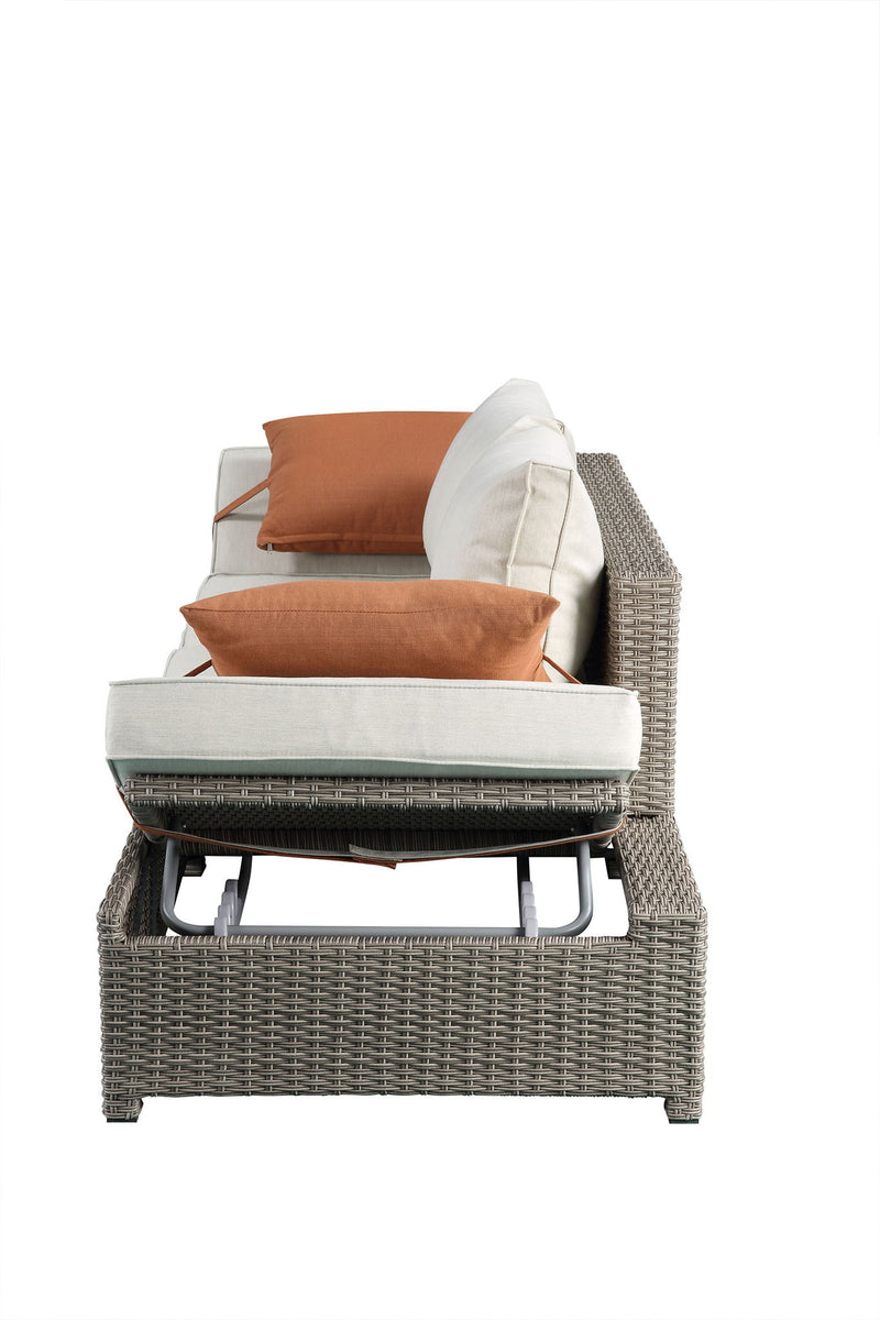 Salena - All Weather Wicker Patio Sofa & Ottoman With 2 Toss Pillows - Gray / Beige