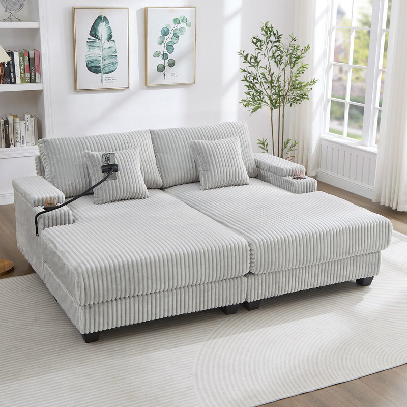 Chaise Sofa With Adjustable Backrest, Cup Holders, Phone Holder & Storage Compartments For Living Room - Light Gray