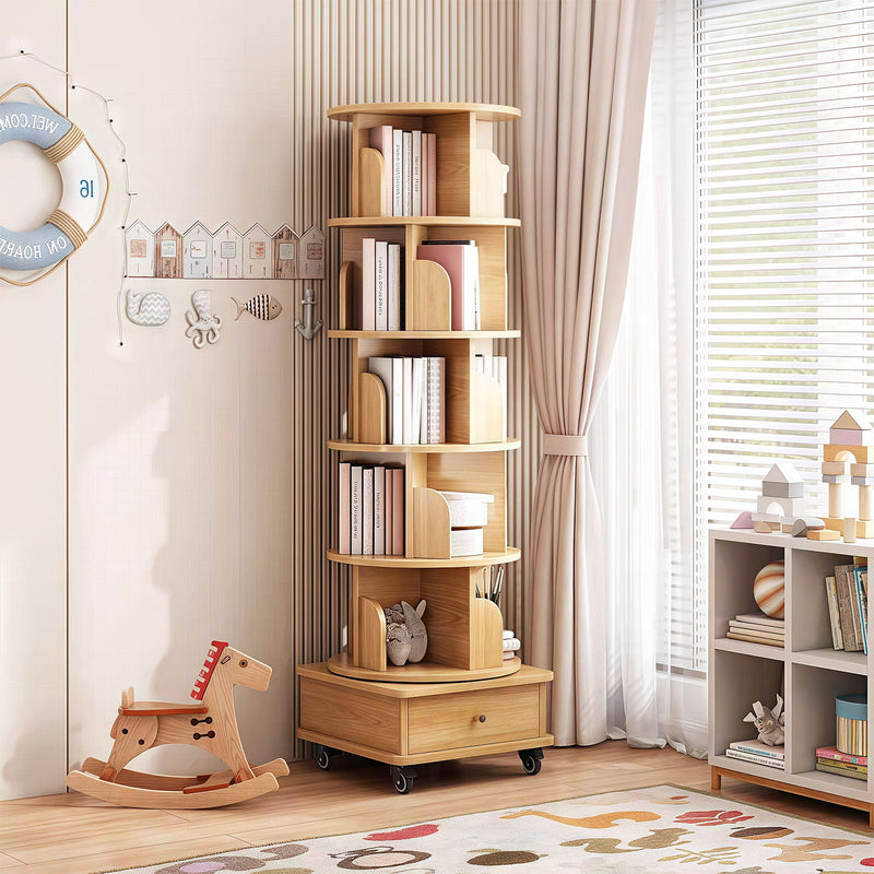 6 Tier Rotating Bookshelf With Wheels And Drawer, 360° Spinning Design, Space Saving Storage, For Home - Wood