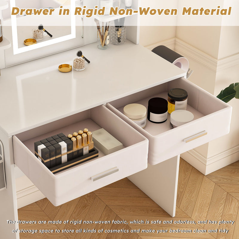 Elegant LED Mirror Vanity Dressing Table With Adjustable Lights, Drawers & Storage - White