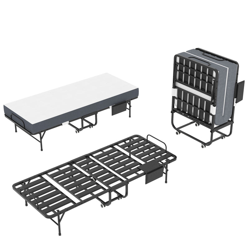Twin Folding Bed With Memory Foam Mattress, On Wheels, Portable Bed For Adults & Guests - Black