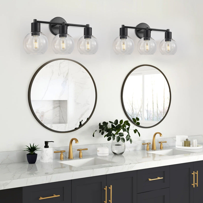 3 Light Globe Bathroom Vanity Light With Clear Glass Shades - Black