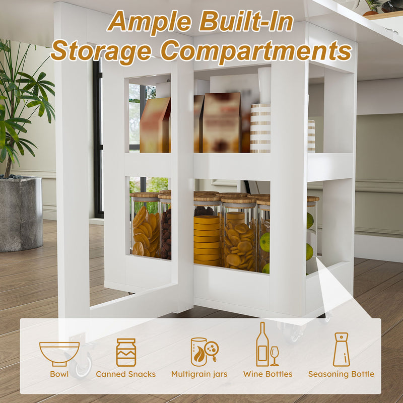 Extendable Dining Table With Power Socket, Lockable Casters, Storage Cabinet