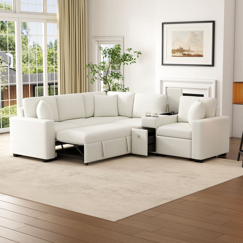Modular L-Shaped Sectional Sofa Bed With Pull-Out Sleeper, Cup Holders, And Storage