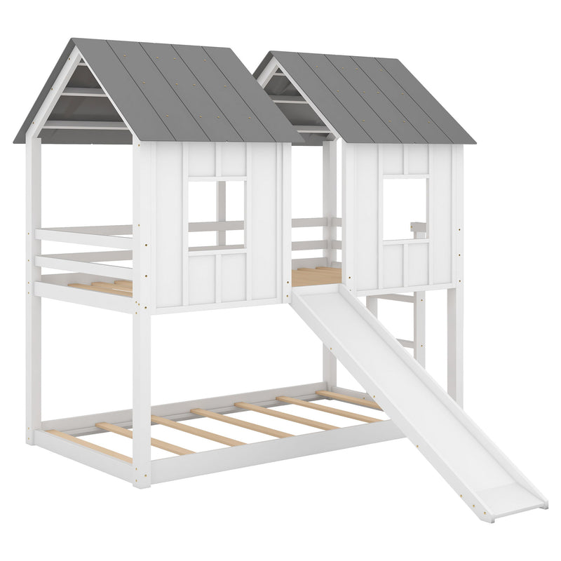 Twin Over Twin House Bunk Bed & Slide And Windows - White