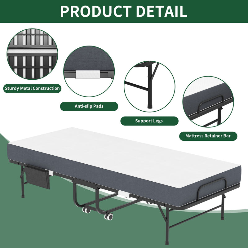 Twin Folding Bed With Memory Foam Mattress, On Wheels, Portable Bed For Adults & Guests - Black