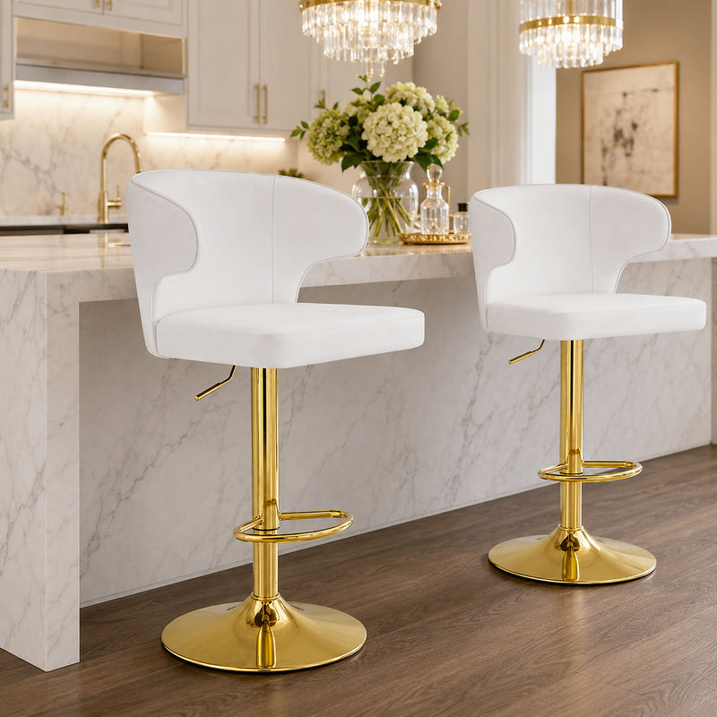 Adjustable Swivel Bar Chair With High Back Support For Kitchen Counter (Set of 2) - Gold / White