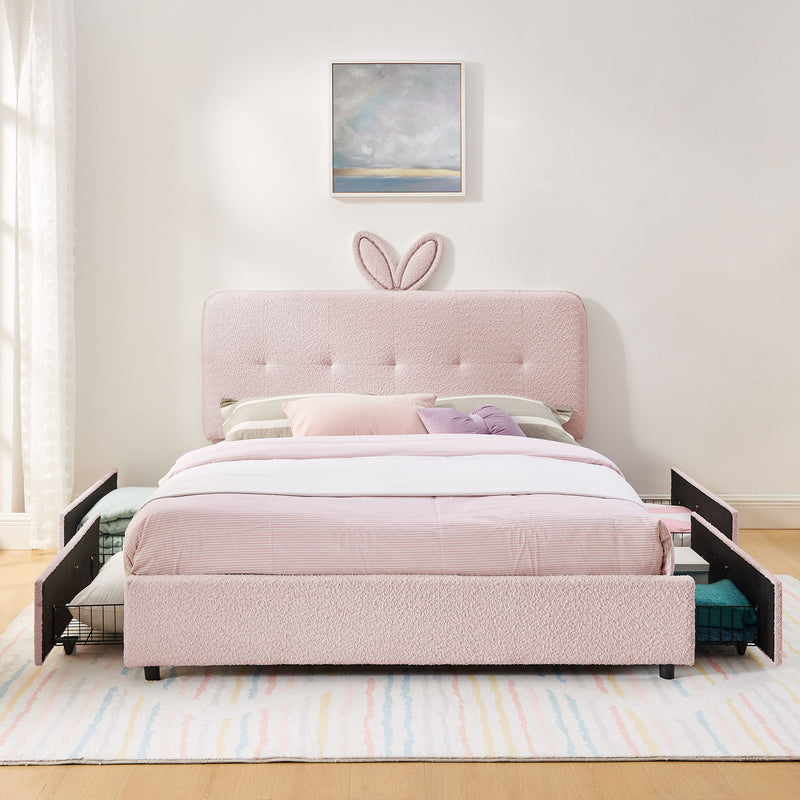 Upholstered Bed With Oversized Rabbit Ear Headboard, LED Lights & 4 Storage Drawers