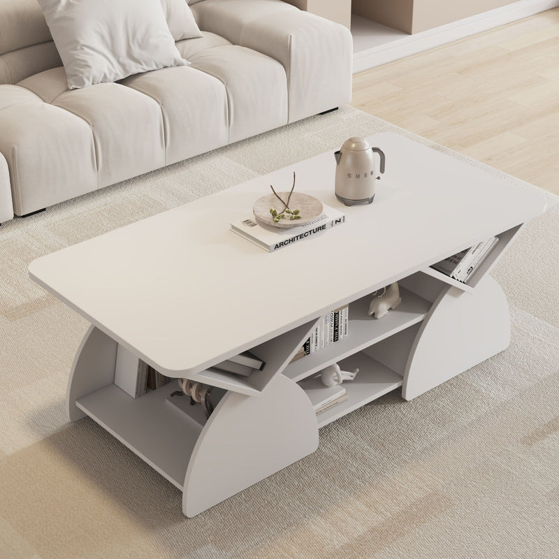 Geometric Engineered Coffee Table With Rounded Corners With Open Shelves