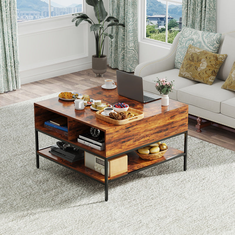 Rustic Flip Top Coffee Table With Hidden Storage - Black / Brown