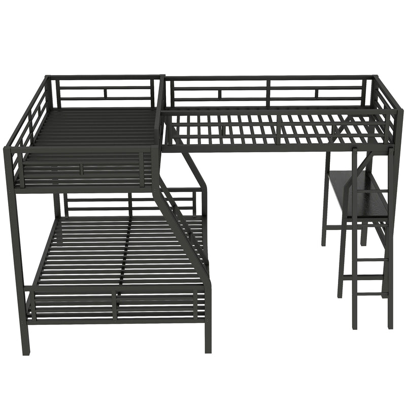 Twin Over Full Bunk Bed With Loft And Desk, L-Shaped Design For 3 Sleepers - Black