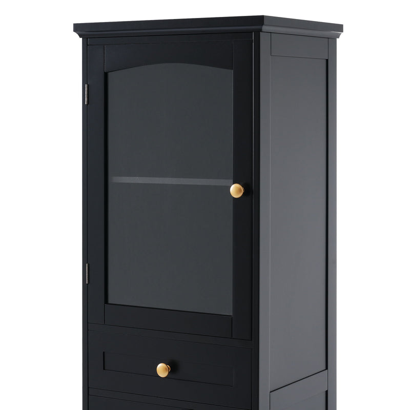 Tall Bathroom Storage Cabinet With Glass Doors, Free-Standing, Two Drawers, And Adjustable Shelves, Board, Painted Perfect For Displaying Your Favorite Items