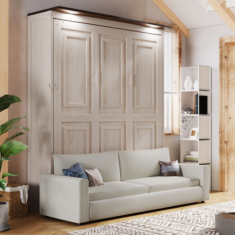 Queen Size Murphy Bed With Sofa And LED - Beige