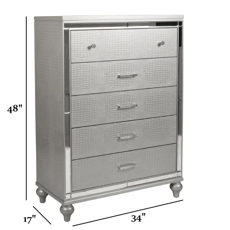 1 Piece Chest With 5 Drawers Snake Skin Bedroom Furniture - Silver