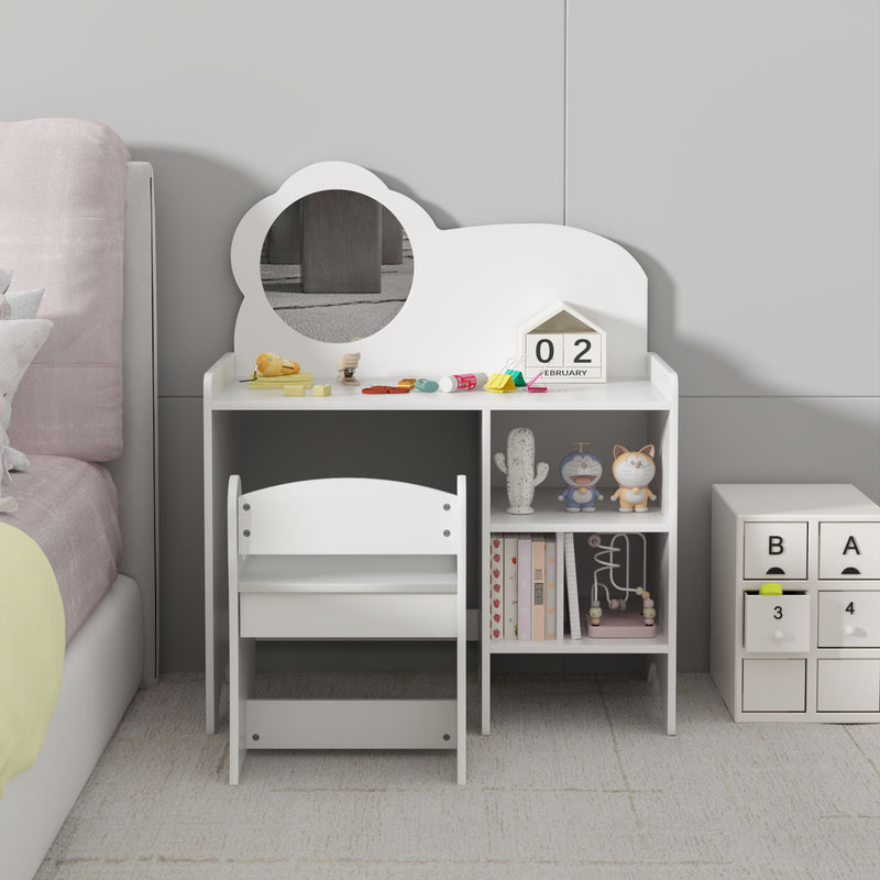 Kids Vanity Table With Mirror And Chair, Dressing Makeup Desk With Storage Shelves - White