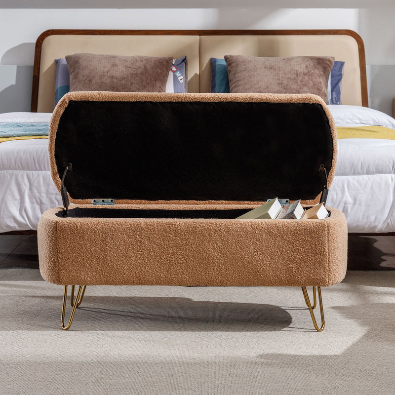 Storage Ottoman Bench For End Of Bed Legs, Modern Camel Faux Fur Entryway Bench Upholstered Padded With Storage For Living Room Bedroom