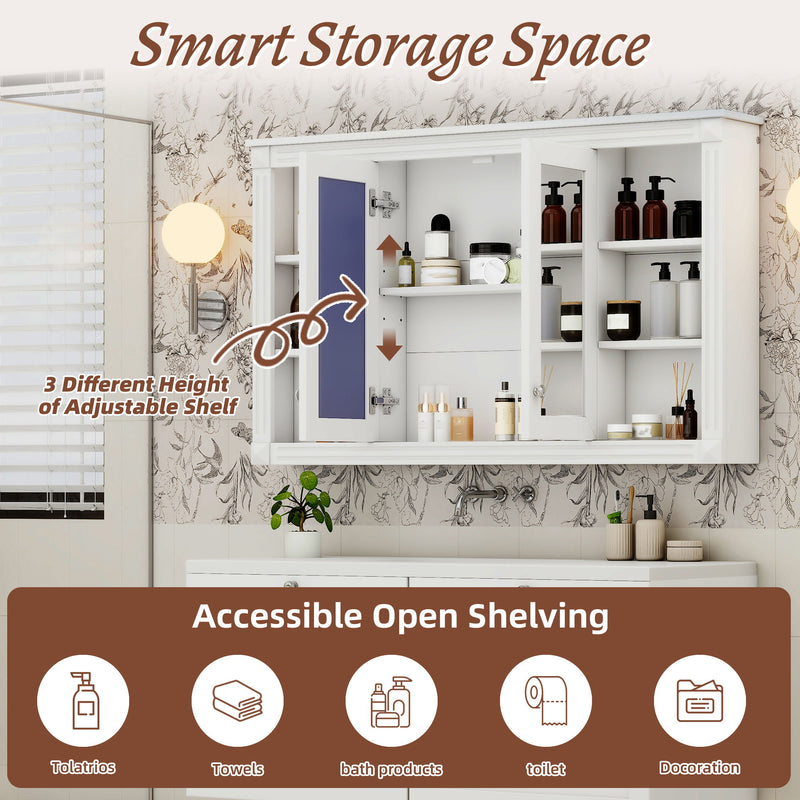 Wall-Mounted Mirror Cabinet With Adjustable Shelf And Open Shelves