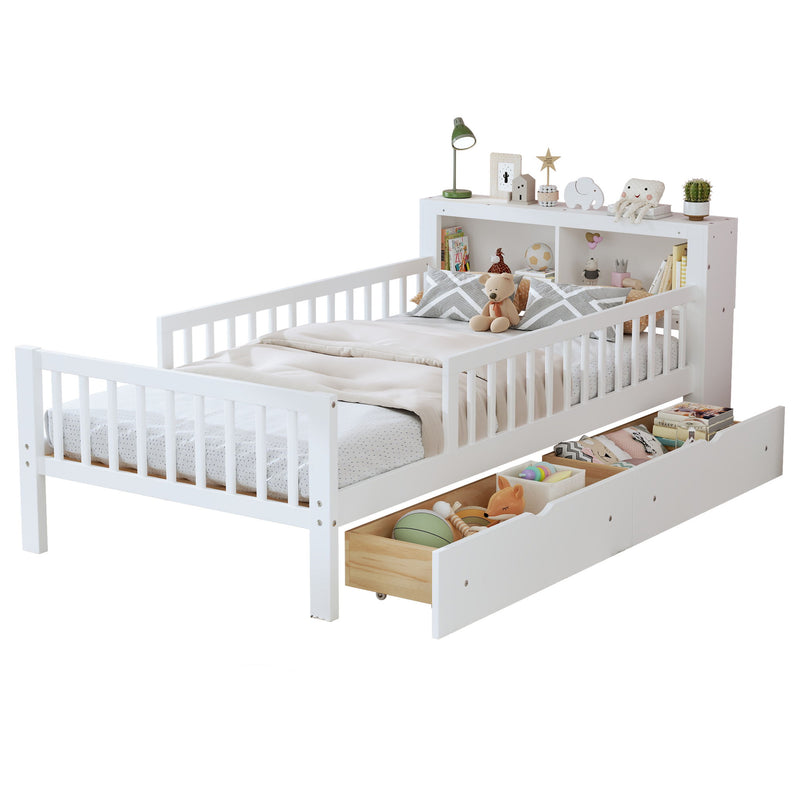 Bed With Headboard Storage Rack, 2 Under Bed Drawers, 3 Side Guardrails For Safety