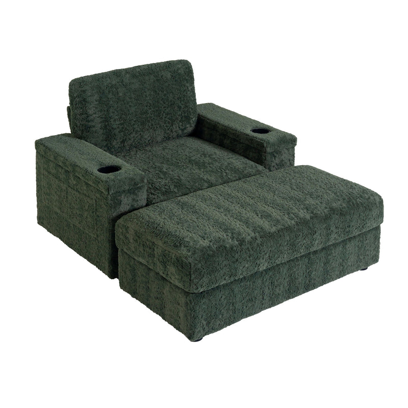 Oversized Chaise Lounge Indoor Rabbit Fur Sofa Bed With Storage Ottoman And Armrests Cup Holders With Deep Seat
