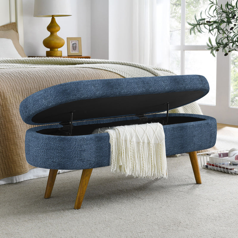 Modern Ottoman Oval Storage Bench With Rubber Wood Legs