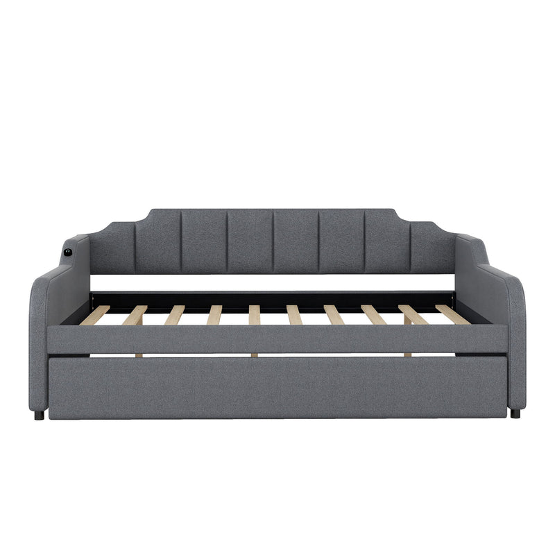 Full Size Upholstered Daybed With Trundle And USB Charging - Gray