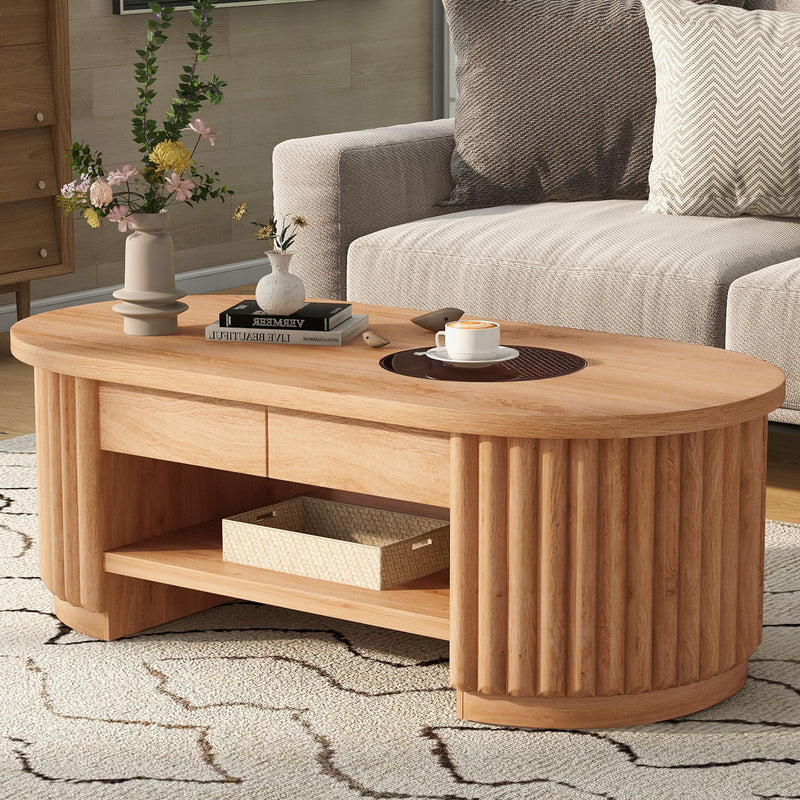Fluted Oval Coffee Table With Drawers, 2 Tier Cocktail Table
