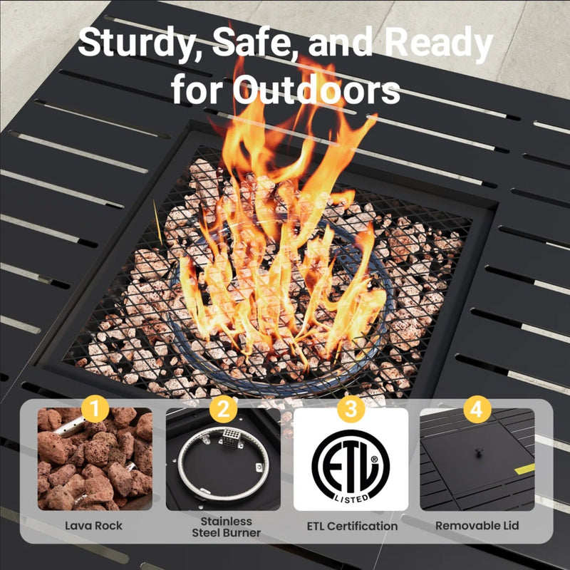 Outdoor 2 In 1 Propane Fire Pit Table With Dual Burners, Lava Rocks And Waterproof Cover - Black
