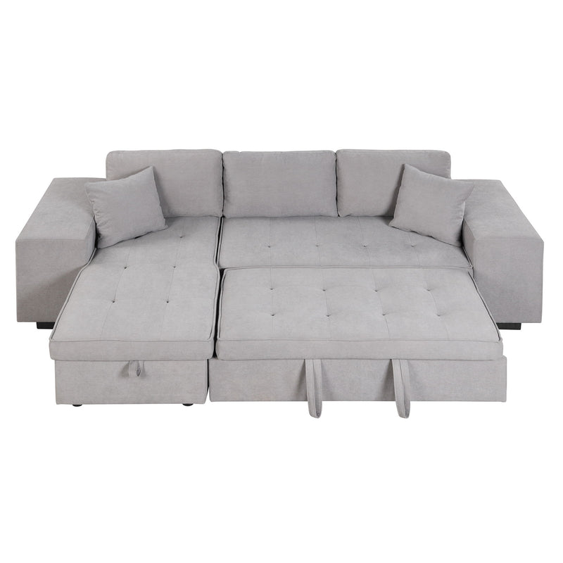 Modern L-Shape 3 Seat Reversible Sectional Couch, Pull Out Sleeper Sofa With Storage Chaise And 2 Stools For Living Room Furniture Set