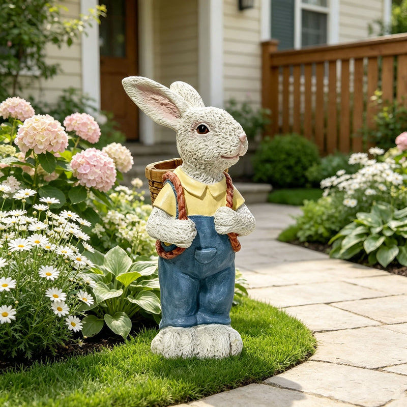 Simulated Couple Rabbit Statue Flower Pot Ornament, Resin Garden Sculpture Decor - Blue / White