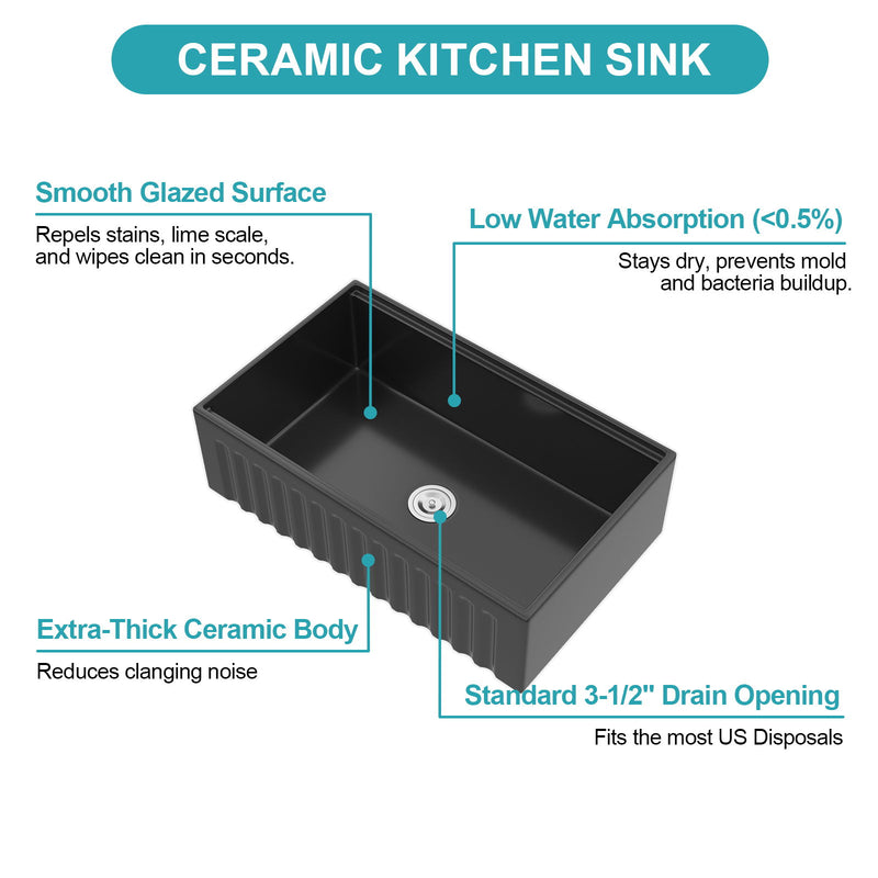 Porcelain Ceramic Farmhouse Sink Workstation With Reversible Apron Design - Single Bowl