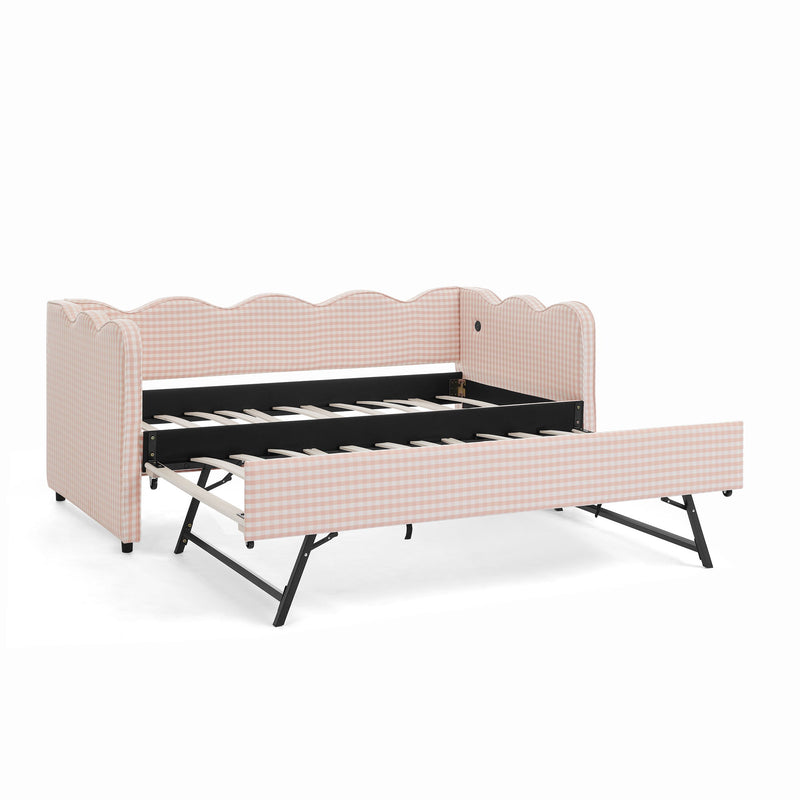 Gingham Daybed With USB Charging Port, Wave Shaped Design