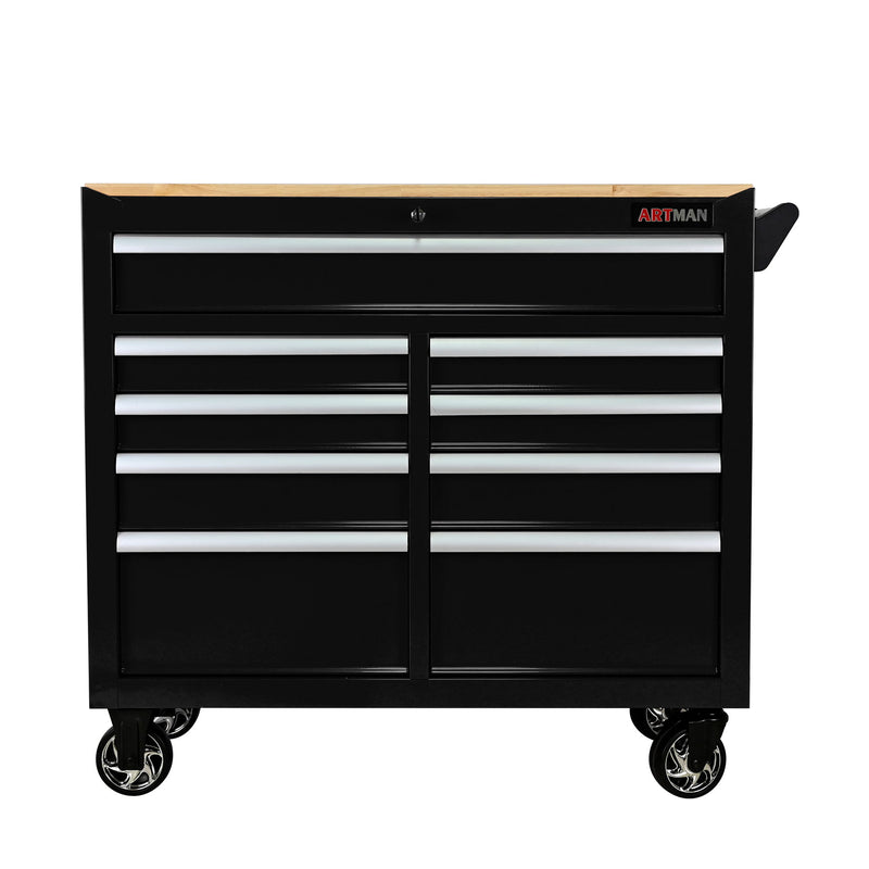 9 Drawer Multifunctional Steel Tool Cart With Wheels And Wooden Top