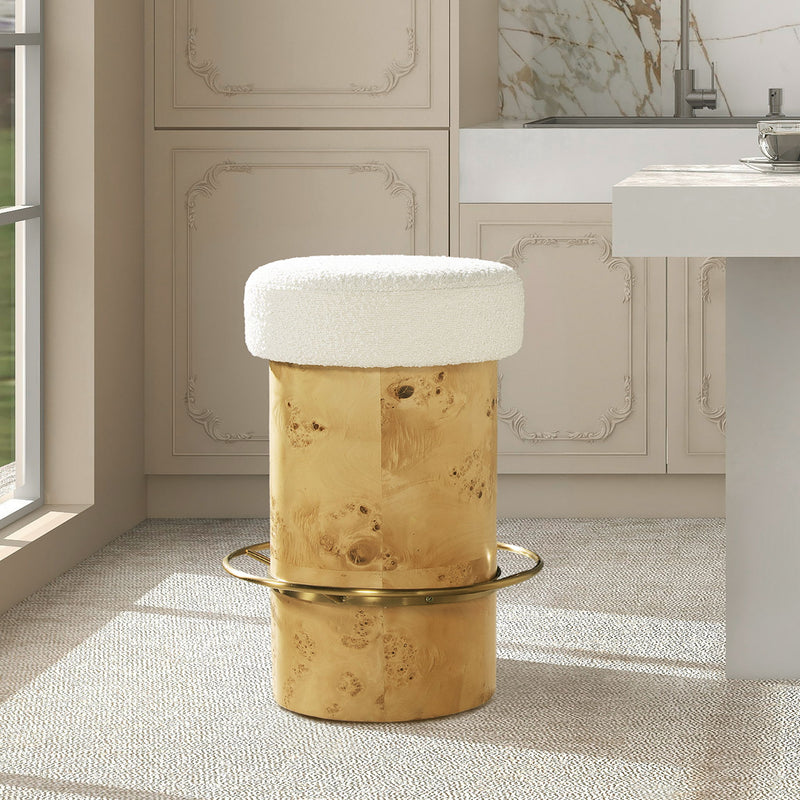 Nebula - Backless Round Upholstered Counter Stool With Burl - Ivory White