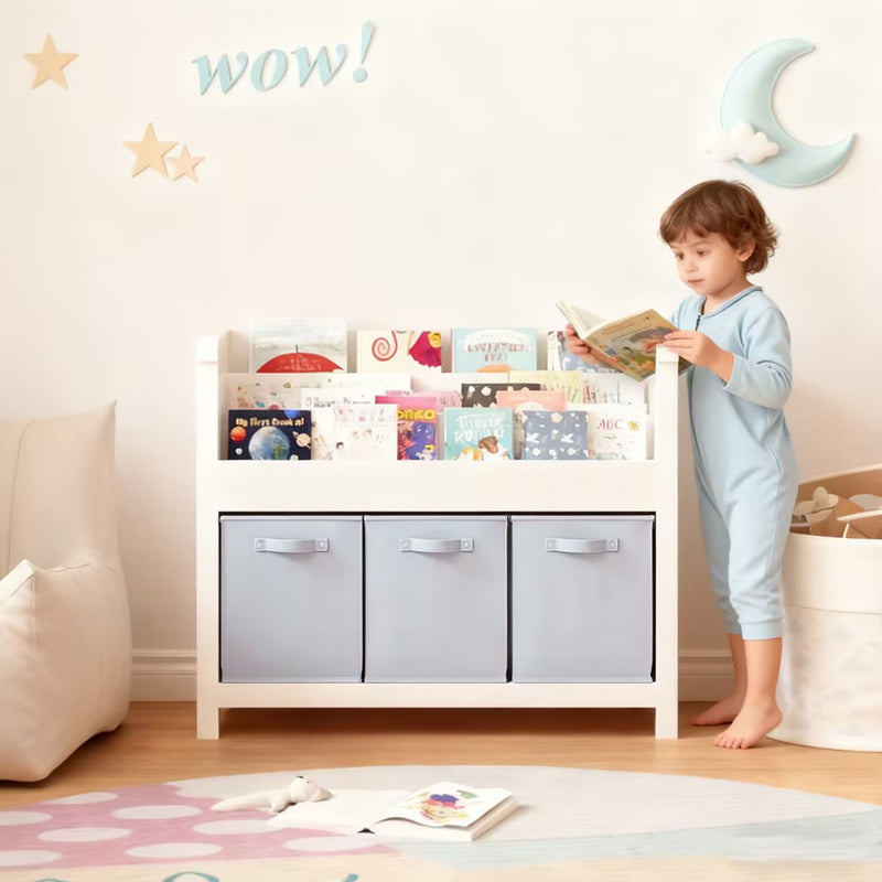 Bookshelf With 3 Tier Front Facing Storage And 3 Bins, Toddler Bookcase For Playroom - White