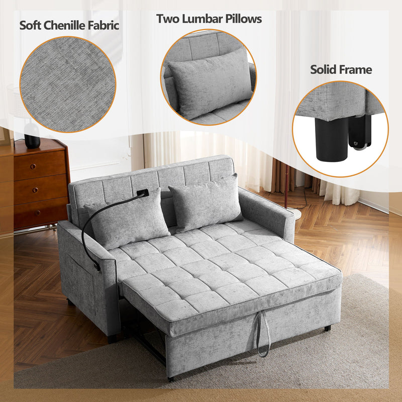 Pull-Out Sleeper Sofa With Reversible Backrest Cushion, Side Pockets, 2 USB Ports And A Phone Holder For Living Room