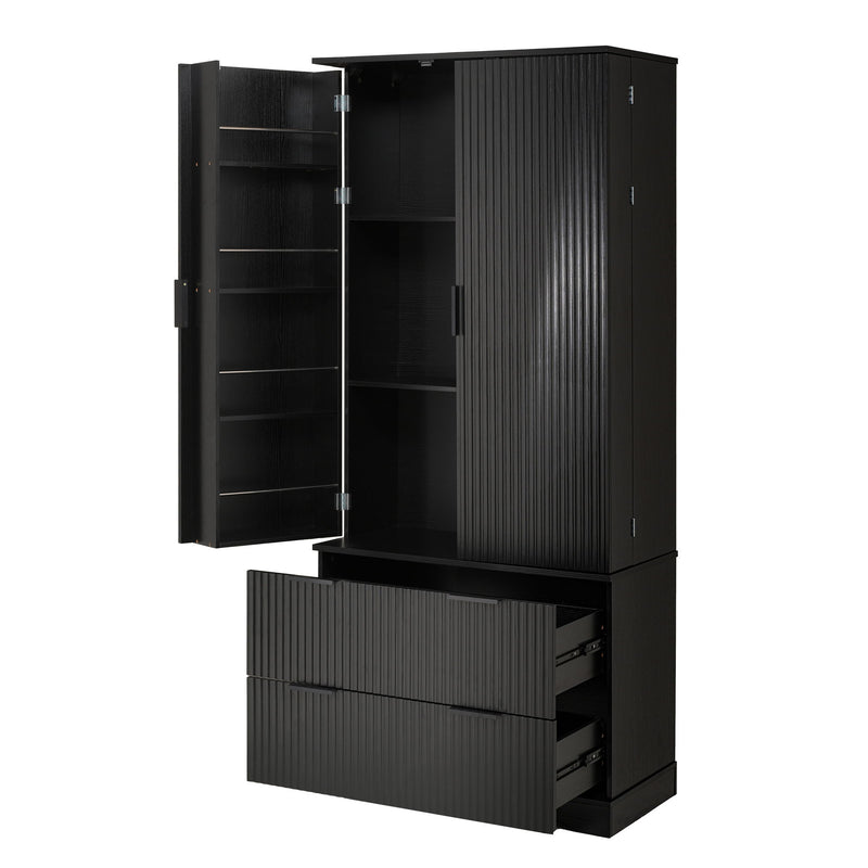 Fluted Kitchen Pantry Cabinet With 2 Large Drawers & 8 Door Spice Rack Freestanding Storage Organizer - Black